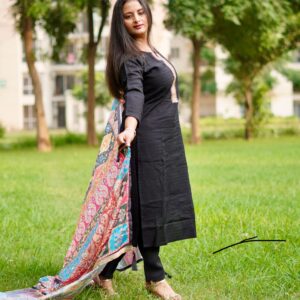 Black Cotton Straight Suit With Beautiful Muslin Duppata