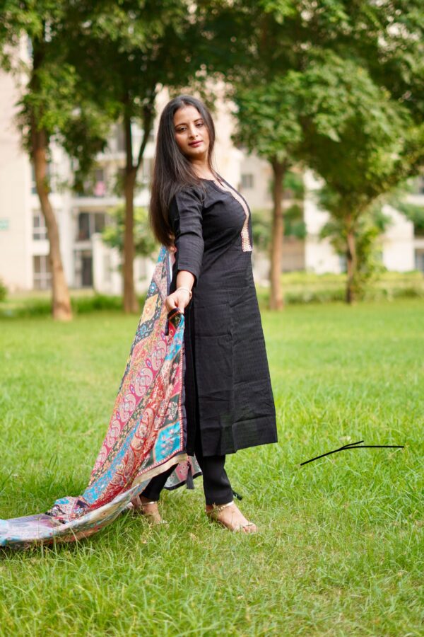 Black Cotton Straight Suit With Beautiful Muslin Duppata