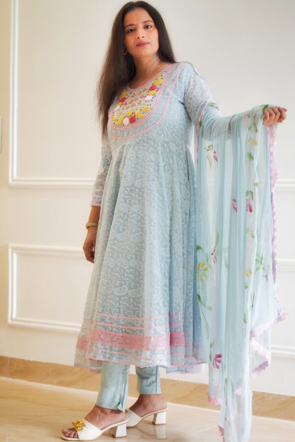 Blueish Georgette Fully embroidered Anarkali suit with Stylish plazo & beautiful Organza Duppata - Image 2