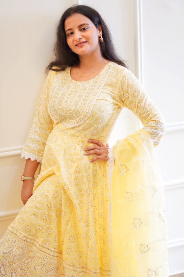 Lemon Cotton Fully embroidered Anarkali suit with Stylish plazo & beautiful Organza Duppata - Image 3