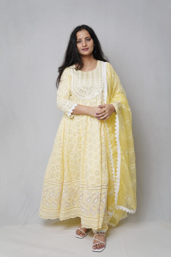 Lemon Cotton Fully embroidered Anarkali suit with Stylish plazo & beautiful Organza Duppata