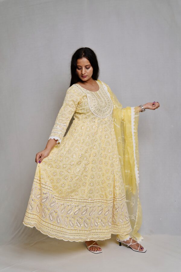 Lemon Cotton Fully embroidered Anarkali suit with Stylish plazo & beautiful Organza Duppata - Image 2