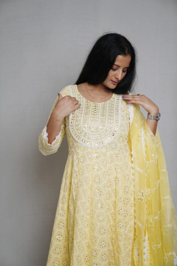 Lemon Cotton Fully embroidered Anarkali suit with Stylish plazo & beautiful Organza Duppata - Image 4