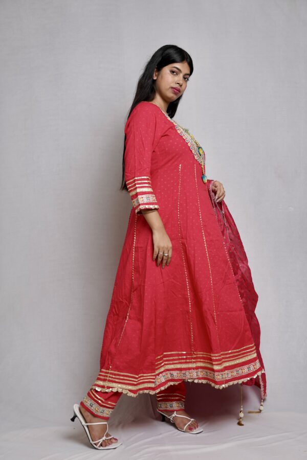 Rani Red Cotton Bandage Print Anarkali Suit with Beautiful Duppata - Image 3