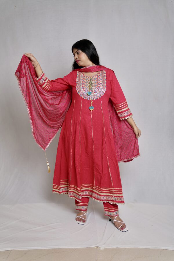 Rani Red Cotton Bandage Print Anarkali Suit with Beautiful Duppata - Image 2