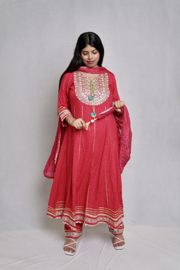 Rani Red Cotton Bandage Print Anarkali Suit with Beautiful Duppata