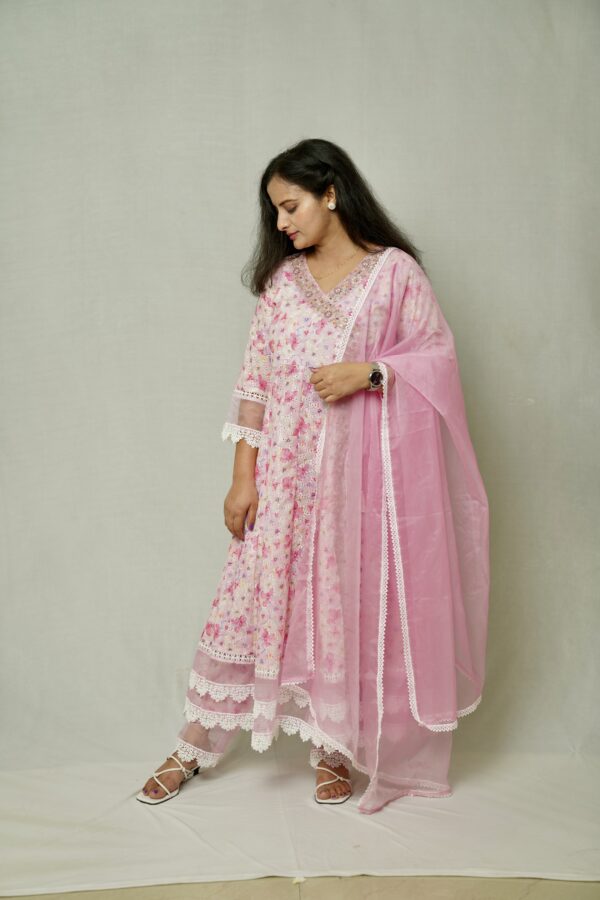 Baby Pink Side Slit Angrakha Anarkali Suit With Beutifull Organza Dupatta - Image 3