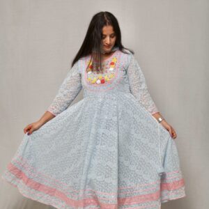 Blueish Georgette Fully embroidered Anarkali suit with Stylish plazo & beautiful Organza Duppata