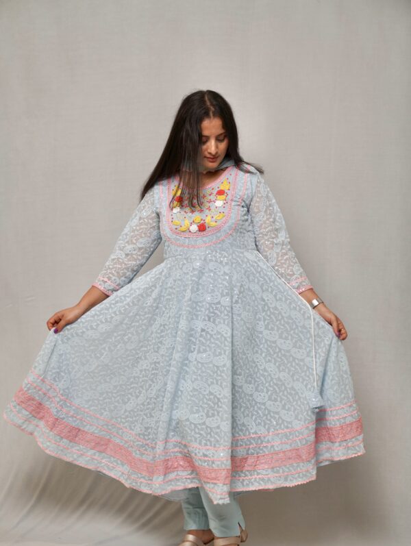 Blueish Georgette Fully embroidered Anarkali suit with Stylish plazo & beautiful Organza Duppata