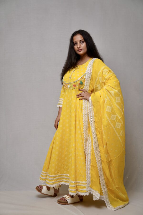 Yellow Full Flair Anarkali Suit With Beautiful Hand Work On Neck