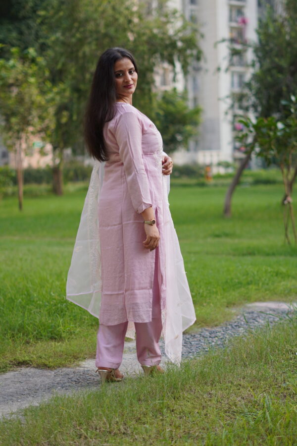 Pastel Pink Silk Beautiful Embrodieary Straight Suit With Beautiful Organza Duppata - Image 3