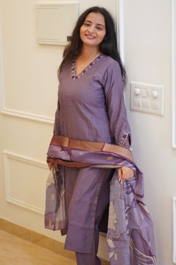 Purple Cotton Silk Suit With Beutifull Neck and Hand embroidery Design