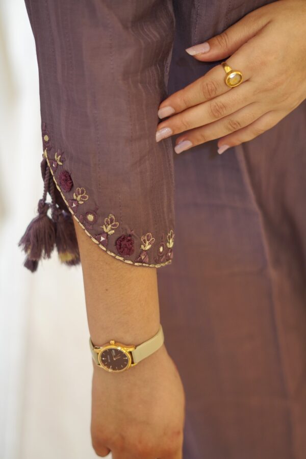 Purple Cotton Silk Suit With Beutifull Neck and Hand embroidery Design - Image 3