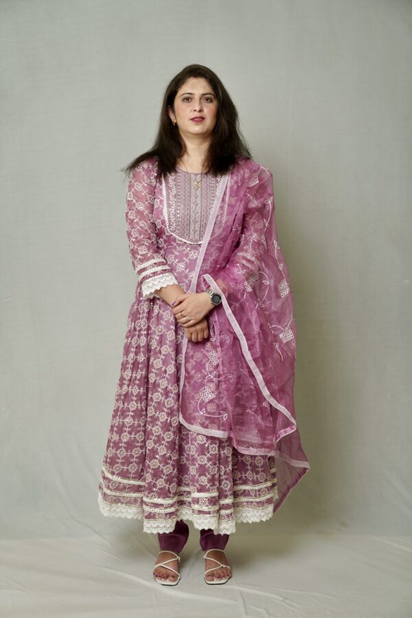 Mauve Georgette Fully embroidered Anarkali Suit with Embroidered Pants & Dupatta - Image 3