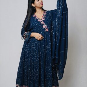 Blue Georgette Fully Embroidered Anarkali Suit with Embroidered Pants & Duppata