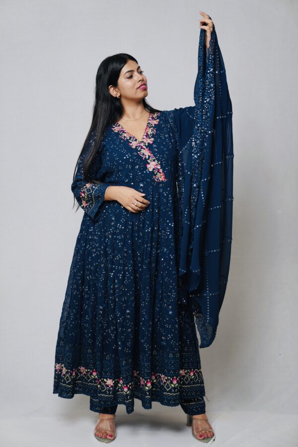 Blue Georgette Fully Embroidered Anarkali Suit with Embroidered Pants & Duppata